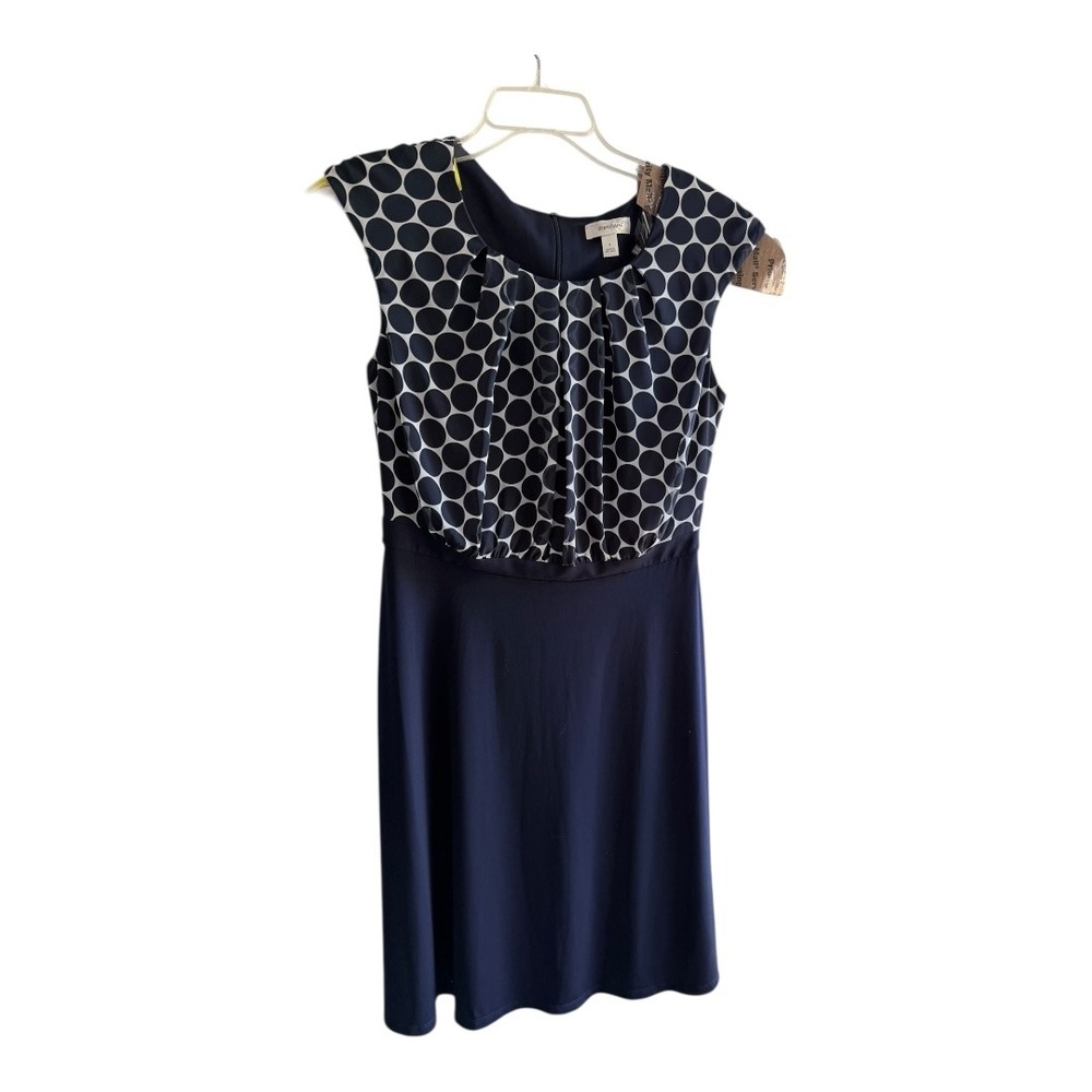 Mod Dressbarn Dress Regular 8 Navy Blue Polka Dot Pleated Cap Sleeve‎ Modest